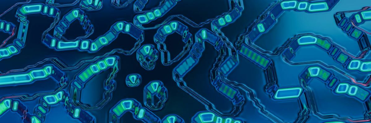 Wide abstract graphic showing digital landscape and glowing lines